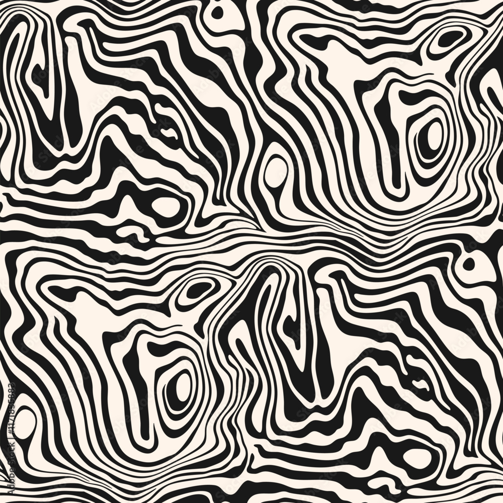 Vector seamless pattern with fluid organic shapes, liquid lines. Abstract black and white marble ink texture. Funky groovy geo background with waves, distorted surface. Optical illusion effect design Vector seamless pattern with fluid organic shapes, liquid lines. Abstract black and white marble ink texture. Funky groovy geo background with waves, distorted surface. Optical illusion effect design