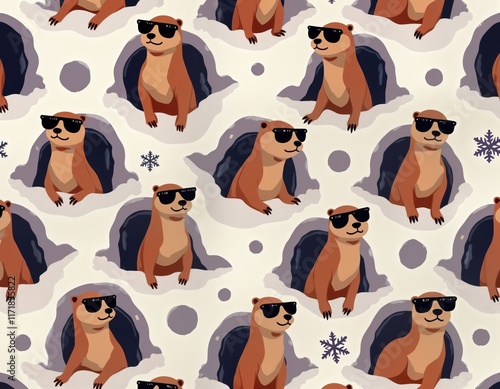 Cool groundhogs in sunglasses pose in wintery snow holes. Funny illustration pattern with repeated design. Perfect for fabric print, wallpaper, gift wrap. Cute animals, perfect for winter spring, photo