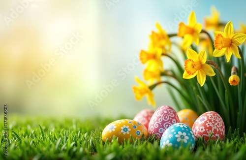 Colorful Easter eggs nestled in bed of vibrant green grass. Yellow daffodils bloom in background creating springtime scene. Cheerful springtime celebration. Photo shows beautiful, colorful spring photo