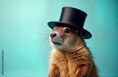 Groundhog in cylinder hat on pastel background. Festive animal photo. Celebration concept for Groundhog Day. Cute image for humor fun. Ideal for social media posts greeting cards. Fun photo for photo