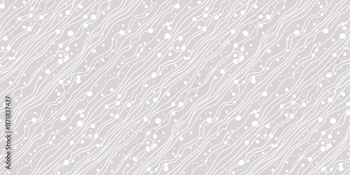 Vector abstract doodle lines background. Light gray seamless pattern with funky hand-drawn style diagonal stripes, spots, dots, organic shapes. All-over subtle texture. Minimal repeating geo design