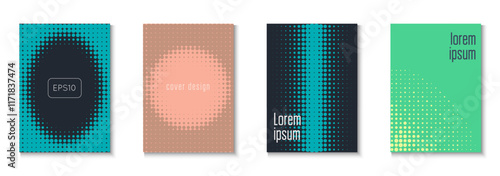 Dot Texture Set. Color Art With Memphis Elements. Linear Shapes For Brand Folder. Abstract Flyer. Minimalist Halftone Background. Geometric Business Poster. Trendy Dot Texture