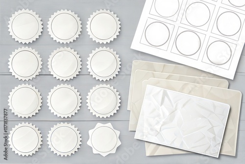 White stickers mockup. Blank labels of different shapes, circle wrinkled paper emblems. Copy space. Stickers or patches for preview tags, labels. Vector illustration photo