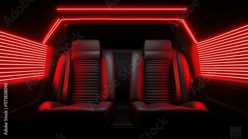 A modern car interior featuring sleek black seats illuminated by striking red neon lights in a dark environment.