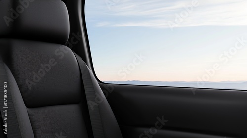A close-up view of a car seat by the window, showcasing a scenic sky and distant landscape beyond.