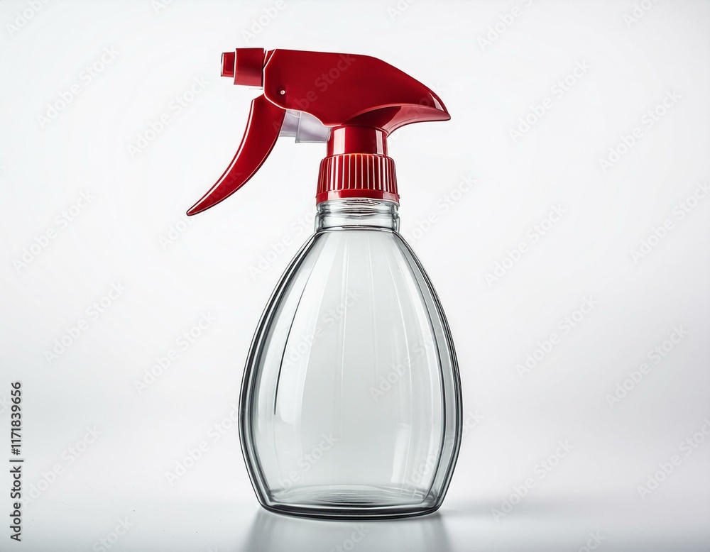 A plastic spray bottle with a red nozzle, isolated on a white background.