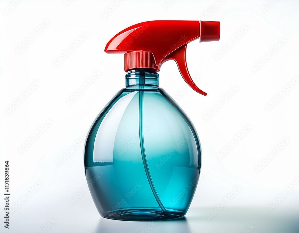 A plastic spray bottle with a red nozzle, isolated on a white background. A plastic spray bottle with a red nozzle, isolated on a white background.