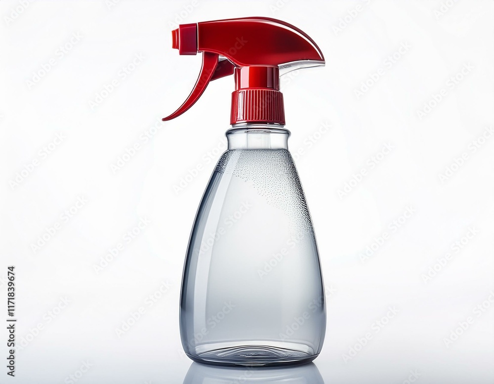A plastic spray bottle with a red nozzle, isolated on a white background. A plastic spray bottle with a red nozzle, isolated on a white background.