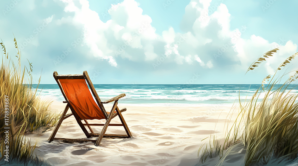 A beach chair is on the sand in the sand. Sunchaser. Illustration A beach chair is on the sand in the sand. Sunchaser. Illustration
