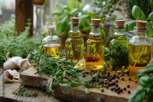 Assortment of bottles containing olive oil infused with herbs and spices, placed on a wooden board alongside fresh herbs, garlic, and peppercorns photo