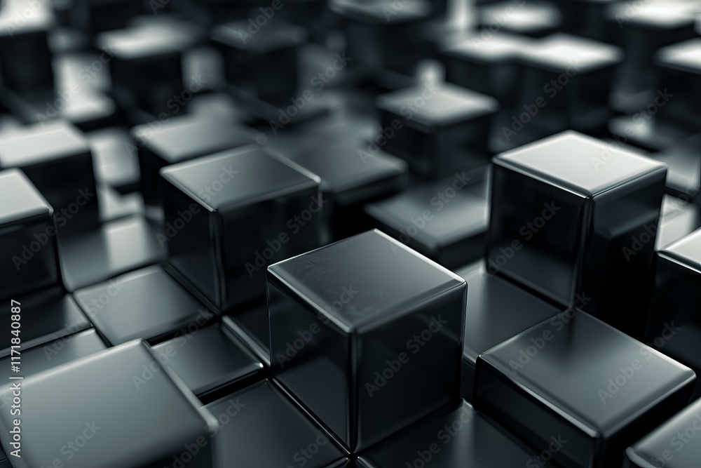 Abstract black cubes forming a complex structure, representing modern technology and design Abstract black cubes forming a complex structure, representing modern technology and design