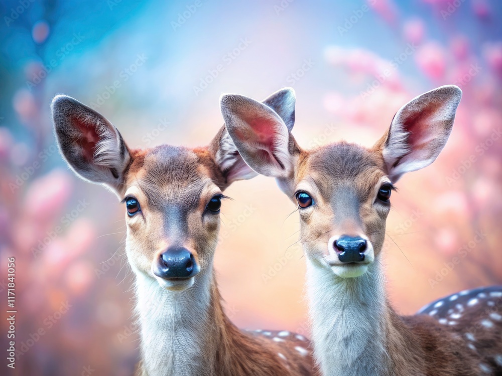 A charming pastel backdrop features a baby deer; a captivating spring wildlife image. A charming pastel backdrop features a baby deer; a captivating spring wildlife image.