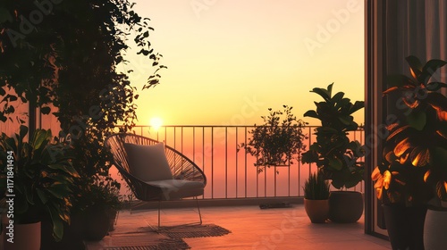 Fototapeta Naklejka Na Ścianę i Meble -  Serene sunset view from a balcony with comfortable chair and potted plants.