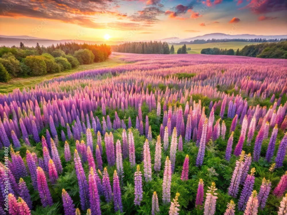 Obraz premium Aerial minimalist photograph: a soft purple lupine field, watercolor style.