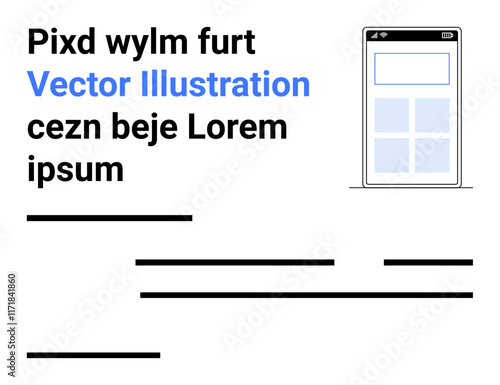 Flat mobile device illustration, placeholder text blocks in various lengths. Ideal for web design, mobile apps, UXUI demos, marketing materials, educational tools, presentations, infographics