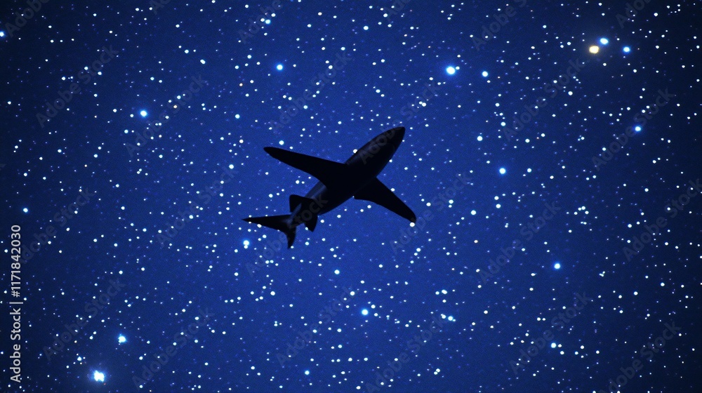 Airplane silhouette against a starry night sky. Airplane silhouette against a starry night sky.