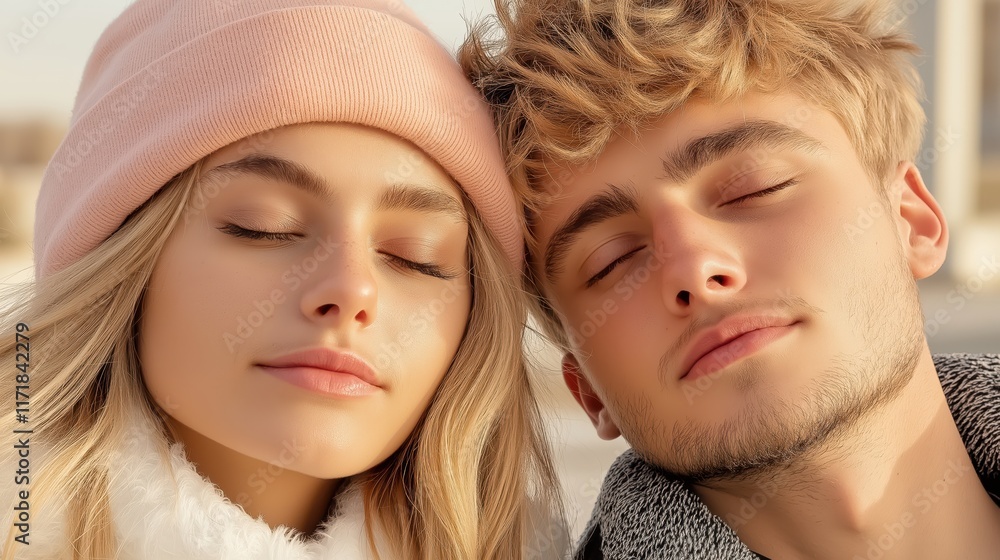 Obraz premium Young couple bidding farewell, capturing a moment of sadness in soft lighting and muted colors