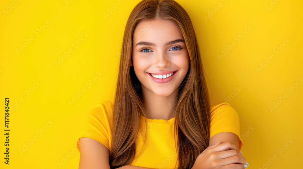A cheerful girl with crossed arms and a toothy smile stands out against a bright yellow background. A cheerful girl with crossed arms and a toothy smile stands out against a bright yellow background.