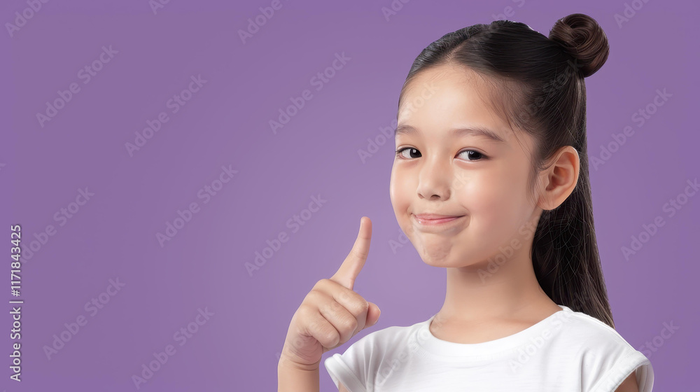 Cheerful girl offers a bright smile, pointing to an empty space against a vibrant purple backdrop, radiating joy and positivity. Cheerful girl offers a bright smile, pointing to an empty space against a vibrant purple backdrop, radiating joy and positivity.