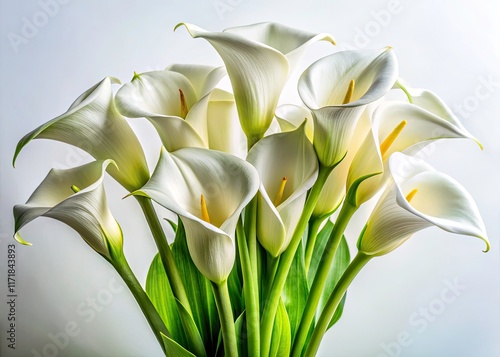 Architectural lines accentuate a bouquet of elegant white calla lilies, a minimalist floral still life.