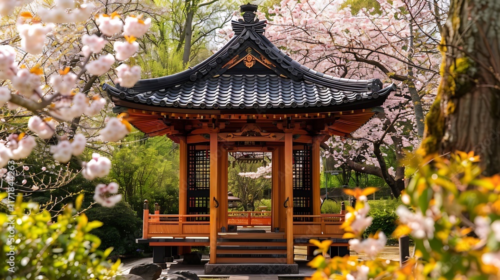 A traditional Japanese pagoda with ornate woodwork, surrounded by cherry blossom trees A traditional Japanese pagoda with ornate woodwork, surrounded by cherry blossom trees