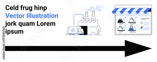 Factory connected to an online platform demonstrating the digitalization process. Ideal for industry 4.0, digital transformation, e-commerce, online integration, factory automation, technology