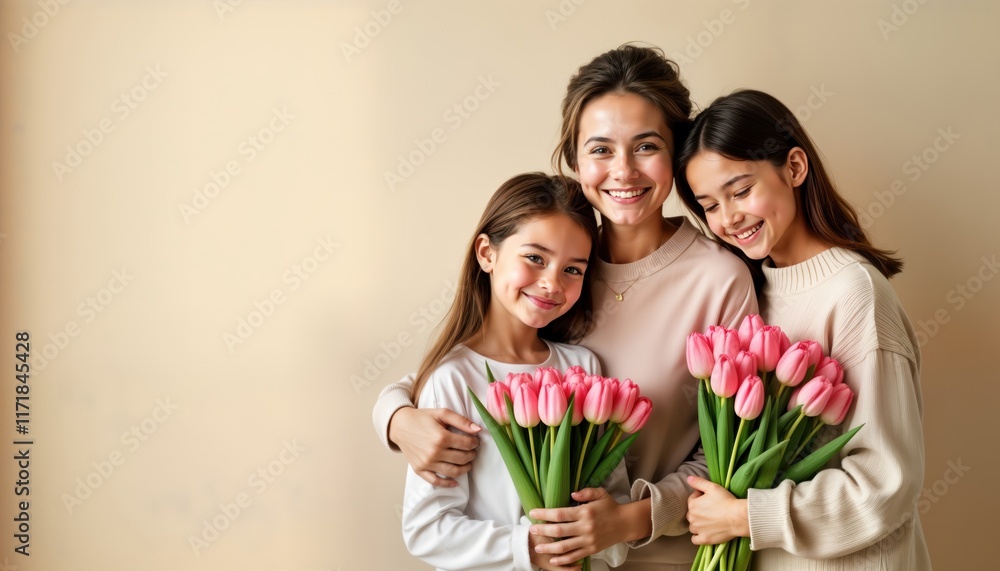 Happy mother, two daughters. Celebration of mothers day. Girls hug mom. Mothers day gift. Holding bouquet of tulips. Indoor photo. Family portrait. Spring day. Celebration of love, happiness. Happy mother, two daughters. Celebration of mothers day. Girls hug mom. Mothers day gift. Holding bouquet of tulips. Indoor photo. Family portrait. Spring day. Celebration of love, happiness.
