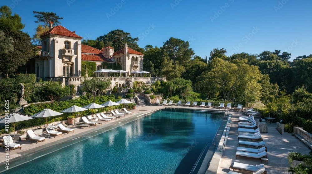 Fototapeta premium Hilltop resort pool, sun loungers, villa, France, summer vacation