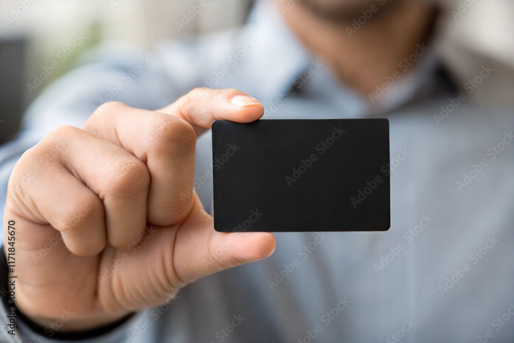 Black business card mockup in the hand of a man indoors Black business card mockup in the hand of a man indoors