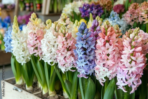 Multicolored hyacinth flowers are blooming in a wooden crate, adding a touch of vibrant beauty to a flower shop display during the spring season photo