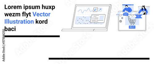 Laptop displaying analytical graph next to a shopping cart screen with people adding items. Ideal for e-commerce, data analysis, marketing, online retail, consumer behavior, web design