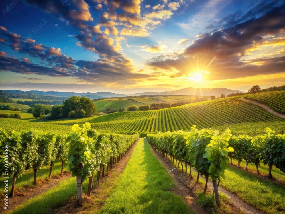 Naklejka premium Breathtaking vineyard photography: a stunning cinematic scene, picturesque and idyllic landscape.