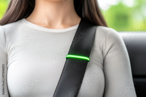 A close-up of a woman wearing a seatbelt with a green indicator light, emphasizing safety and proper vehicle usage. photo