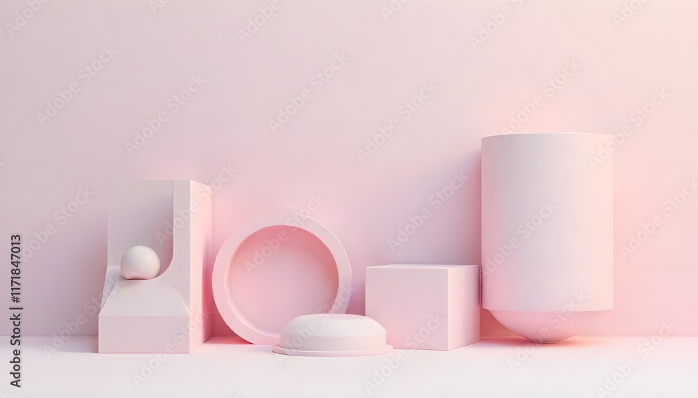 A minimalist 3D render of geometric shapes in pastel tones, with soft lighting and shadows A minimalist 3D render of geometric shapes in pastel tones, with soft lighting and shadows