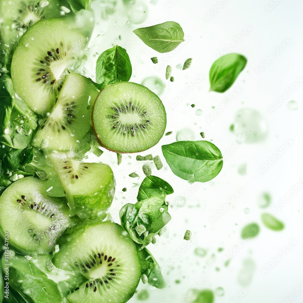 Spinach leaves and kiwi pieces, healthy ingredients for a green smoothie Spinach leaves and kiwi pieces, healthy ingredients for a green smoothie