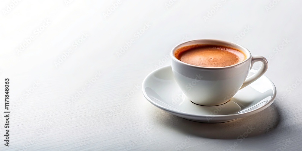 Fototapeta premium Clean lines, white backdrop highlight a steaming coffee cup and a single bean; minimalist coffee shop aesthetic.
