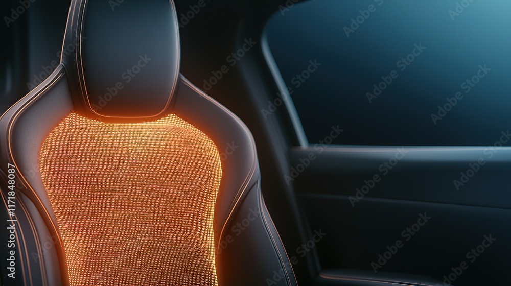 Obraz premium A modern car seat with glowing orange heat patterns, showcasing advanced technology and comfort features in an elegant interior setting.