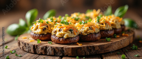 Stuffed mushrooms topped with melted cheese and herbs on a rustic wooden board conveying a delicious and inviting atmosphere for sharing tasty bites photo