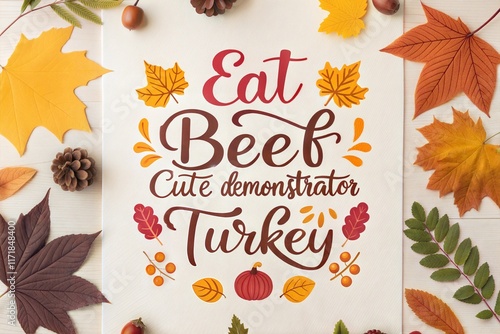 Eat beef, cute demonstrator turkey - Thanksgiving Day calligraphic poster. Autumn color poster. Good for scrap booking, posters, greeting cards, banners, textiles, gifts, shirts, mugs or other gifts. photo