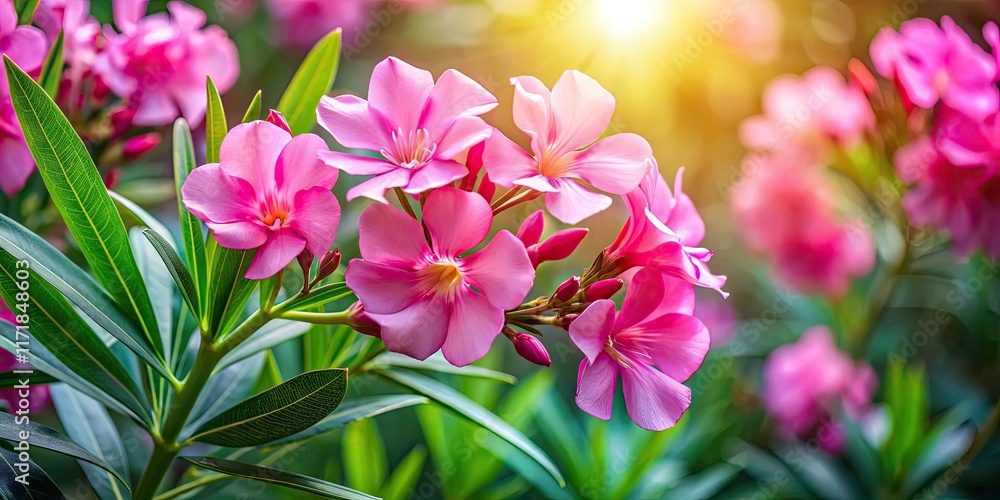 Fototapeta premium Close-up of a stunning pink oleander flower, radiant and vibrant in the garden.