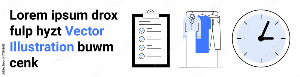 Document with a checklist on clipboard, hanging shirts on rack, and wall clock. Ideal for organization, planning, office efficiency, time management, tasks productivity business. Landing page Document with a checklist on clipboard, hanging shirts on rack, and wall clock. Ideal for organization, planning, office efficiency, time management, tasks productivity business. Landing page