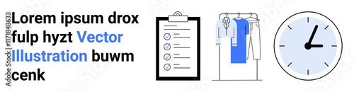 Document with a checklist on clipboard, hanging shirts on rack, and wall clock. Ideal for organization, planning, office efficiency, time management, tasks productivity business. Landing page