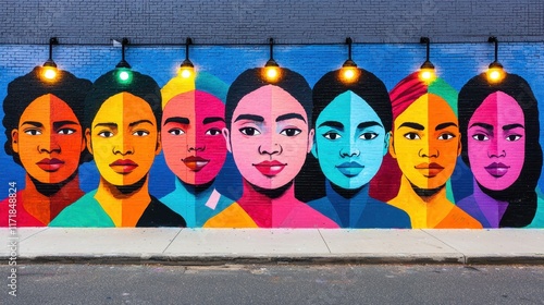 A vibrant mural featuring diverse, colorful portraits of women, showcasing a blend of artistic styles and cultural representation. photo