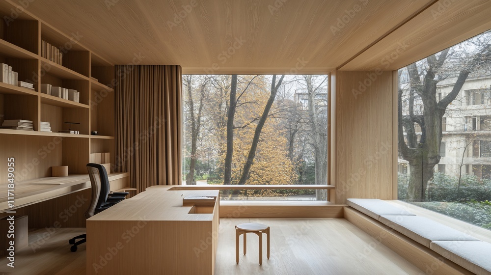Modern minimalist home office with large window overlooking park. Modern minimalist home office with large window overlooking park.