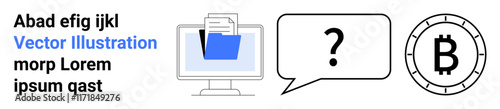 Computer screen with folder, documents, and text, speech bubble with question mark, Bitcoin symbol. Ideal for digital organization, user support, cryptocurrency, information technology, blockchain