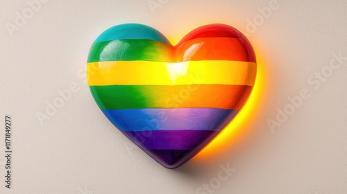 A colorful rainbow heart symbolizing love, diversity, and inclusivity, illuminated against a neutral background. photo