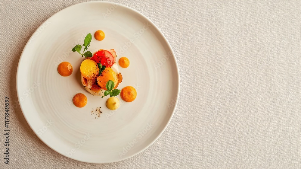 Artisanal dish on stylish plate with textures and taupe background Artisanal dish on stylish plate with textures and taupe background