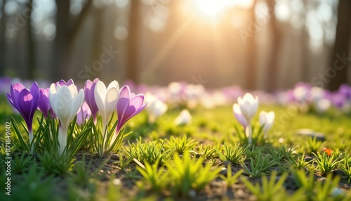 Spring flowers crocuses bloom in sunny meadow. Fresh flowers show vibrant colors in beautiful landscape. Sunlight shines on early spring flowers. Springtime beauty everywhere. Peaceful, fresh