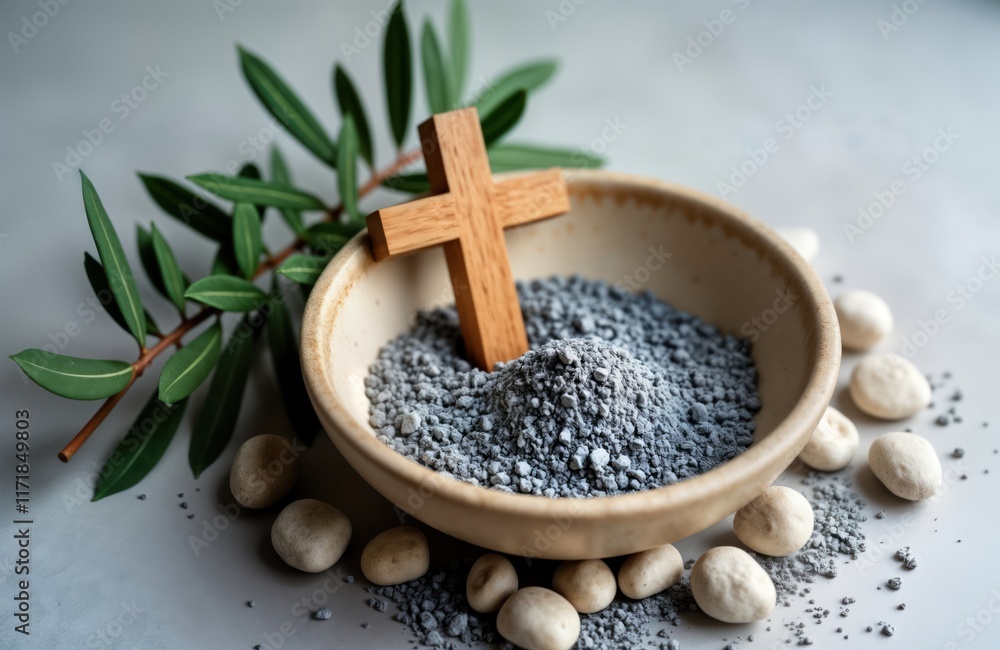Religious image with wooden cross placed in bowl filled with grey ashes. Spiritual representation of Lent, Ash Wednesday. Calm image repentance, sacrifice. Focus on faith, remembrance. Image features Religious image with wooden cross placed in bowl filled with grey ashes. Spiritual representation of Lent, Ash Wednesday. Calm image repentance, sacrifice. Focus on faith, remembrance. Image features