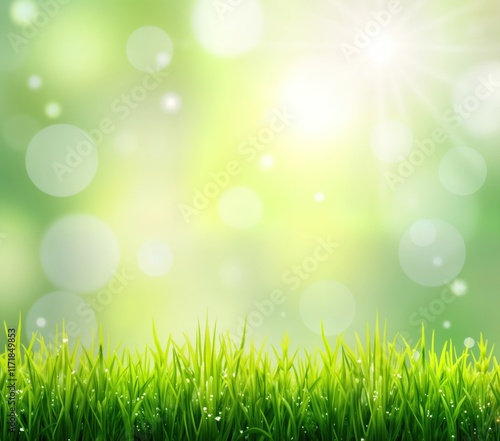 Fresh spring meadow. Green grass with water droplets. Blurred background of light green, yellow tones creating soft bokeh effect. Sunny day. Natural beauty of spring nature. Vivid colours. Ideal for